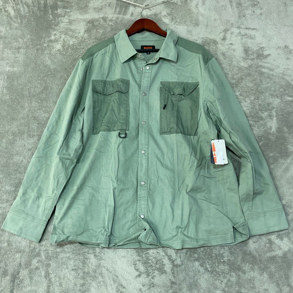 NWT Bass Outdoor Worker Shacket Mens L Green Cotton Stretch Mixed Media